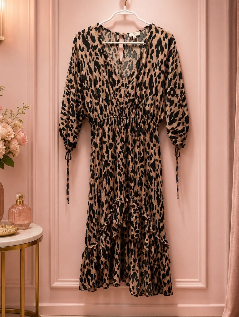 Umgee Small Black and Beige Leopard High-Low Midi Dress